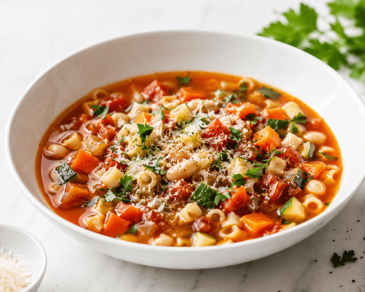 Minestrone soup with vegetables, beans, and small pasta, topped with parsley and Parmesan