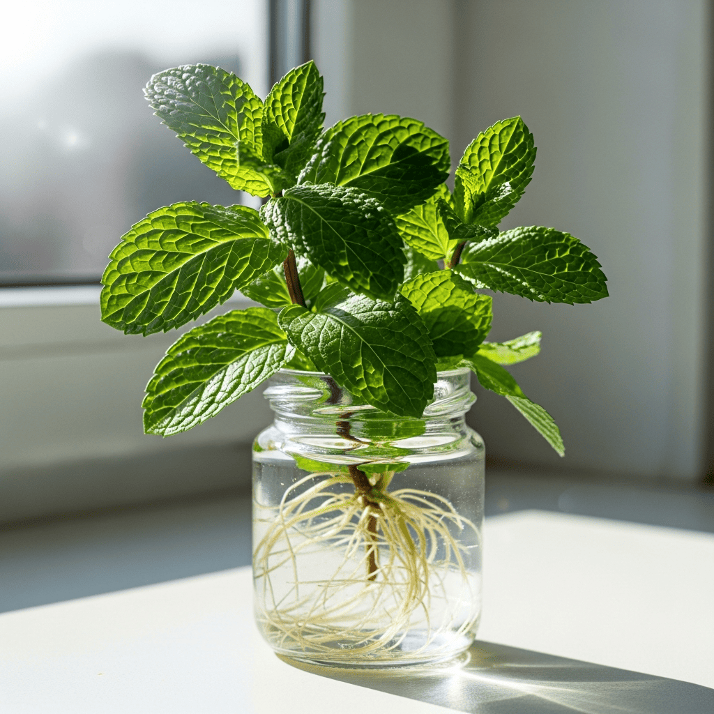 Mint sprig rooting in a small jar, lush green leaves