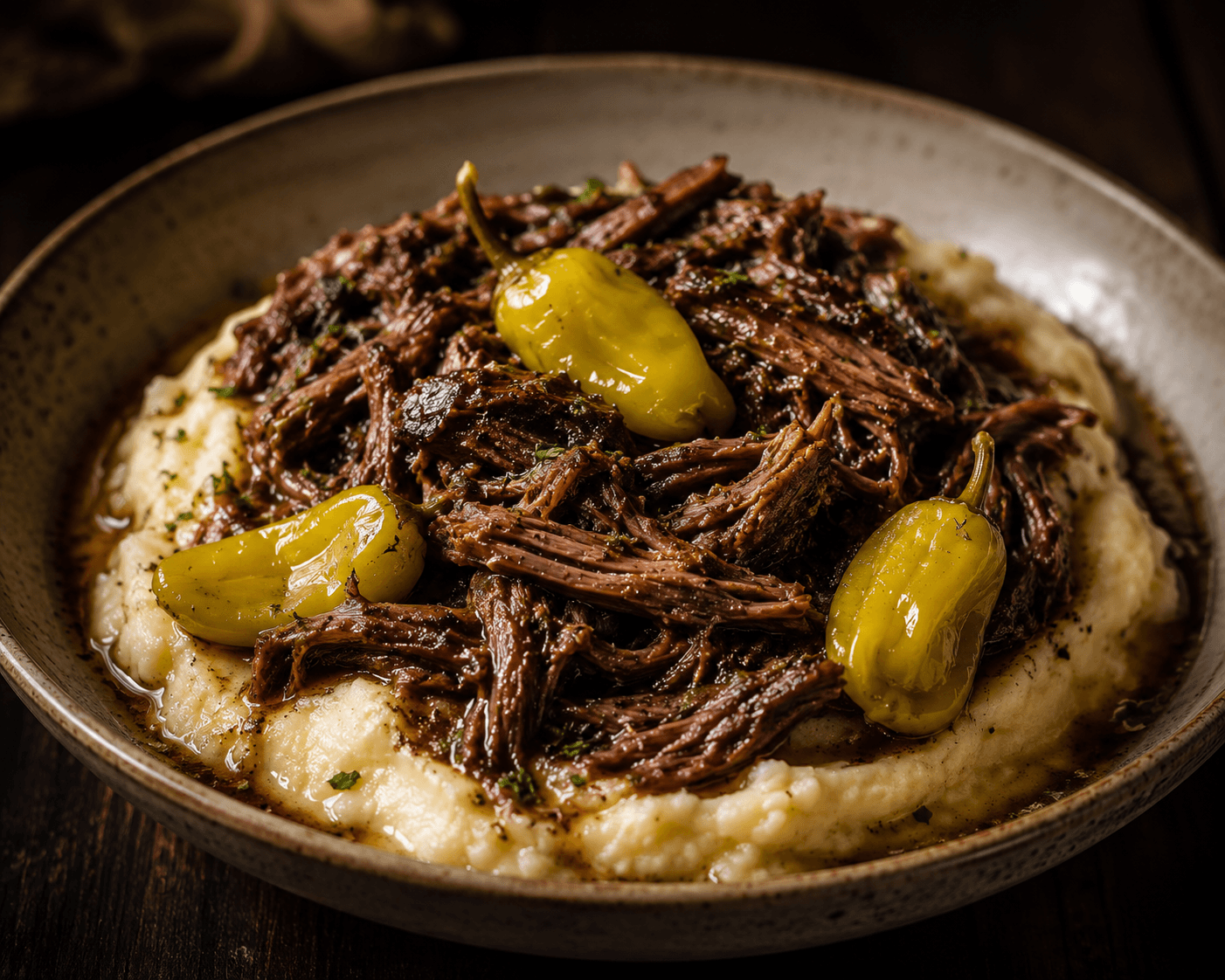Mississippi pot roast with pepperoncini peppers, served over mashed potatoes