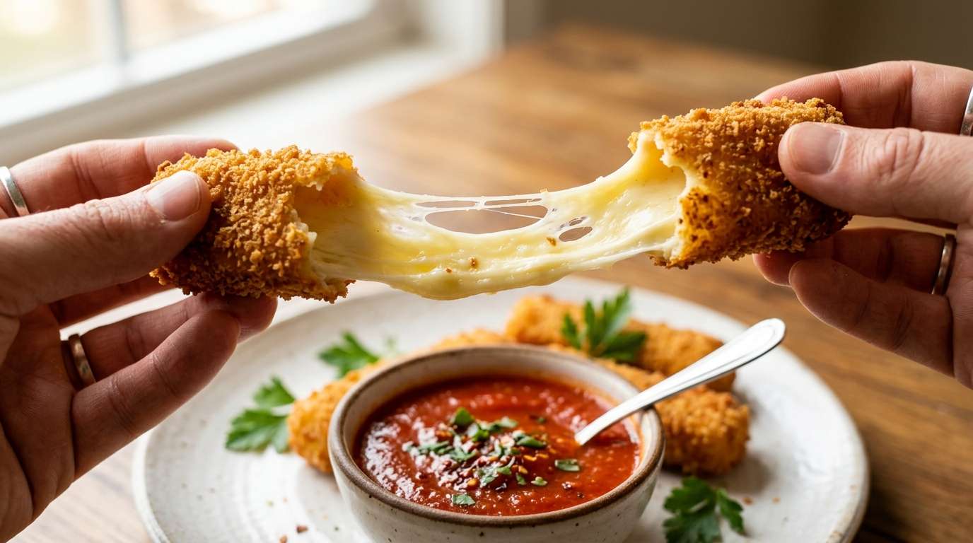 Mozzarella sticks pulled apart revealing molten cheese strings, marinara dipping sauce in foreground, close-up, warm light