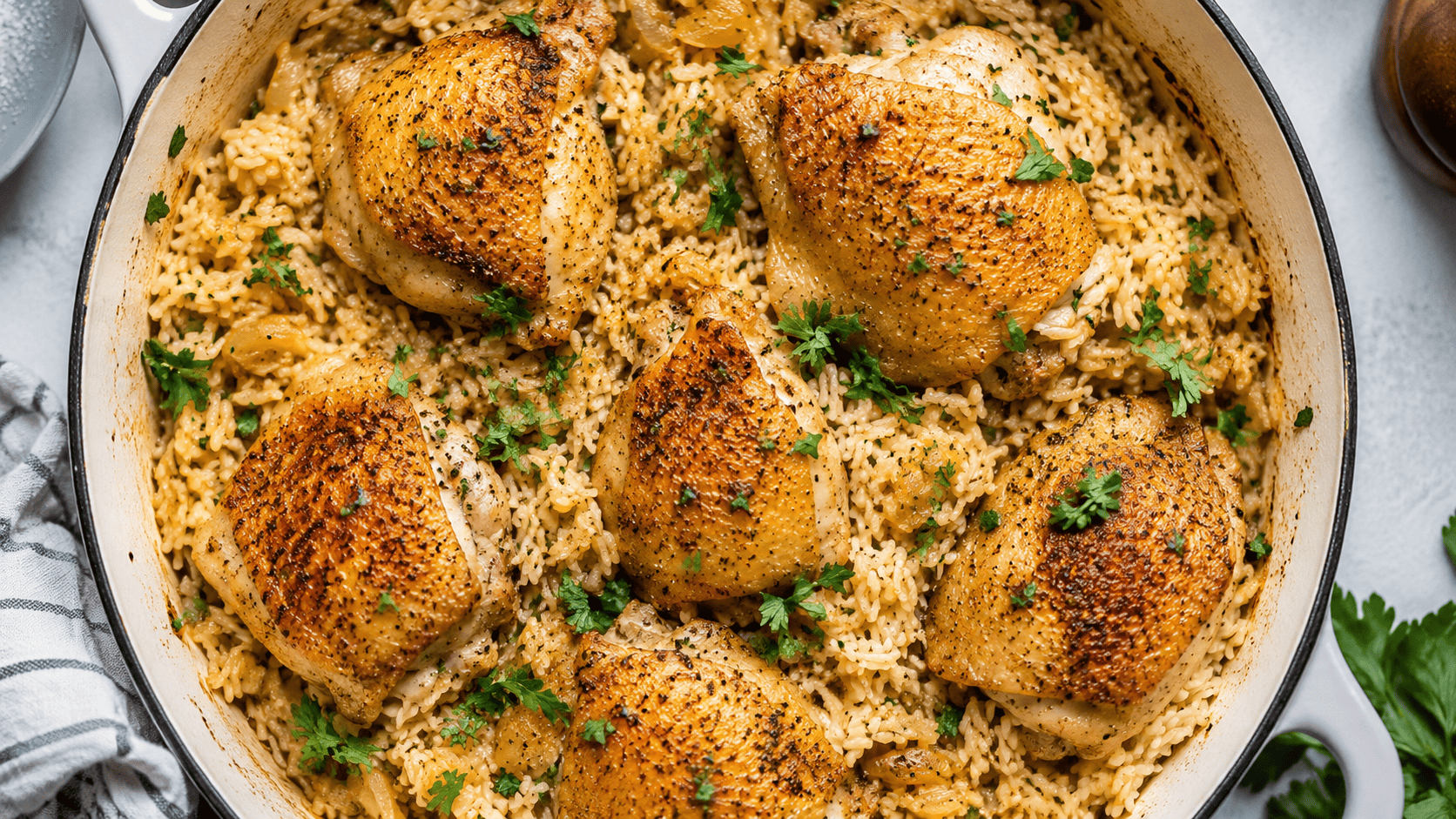 One pot chicken and rice, golden chicken thighs nestled in fluffy rice