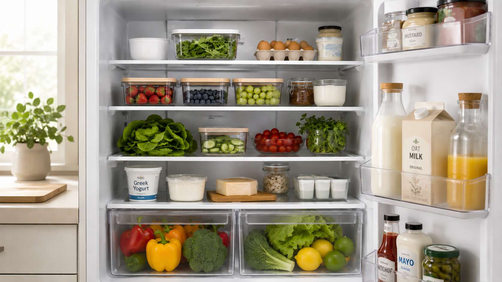 Organized refrigerator shelves with fresh produce, dairy and condiments, soft natural light, minimal kitchen aesthetic