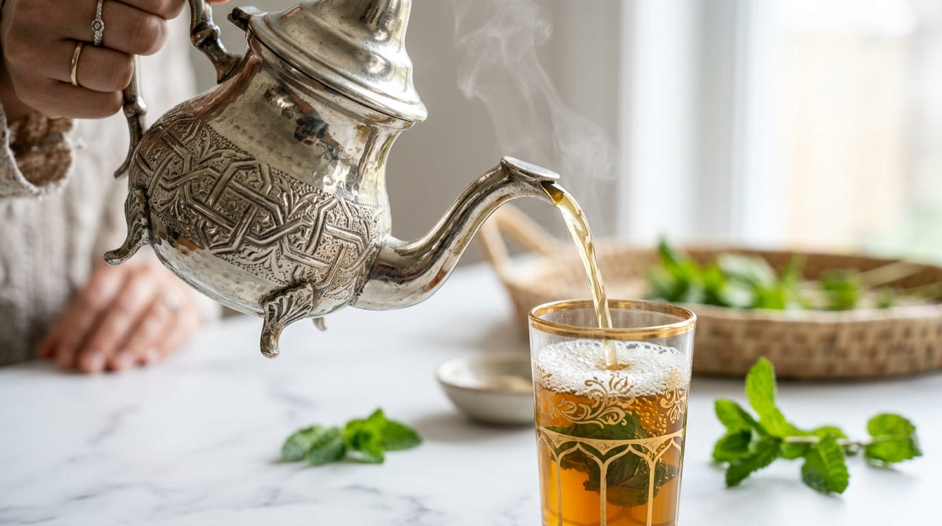 Ornate Moroccan silver teapot pouring a long thin stream of steaming mint tea into a small glass, surrounded by fresh mint sprigs — rich warm golds and copper tones, cinematic close-up