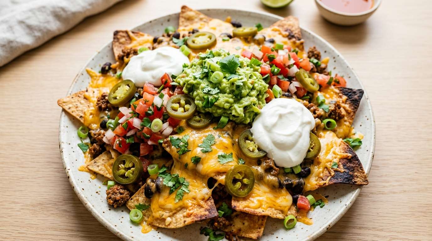 Overhead close-up of piled-high nachos: molten cheese, jalapeños, guacamole, sour cream dollops, vibrant colours, warm side lighting