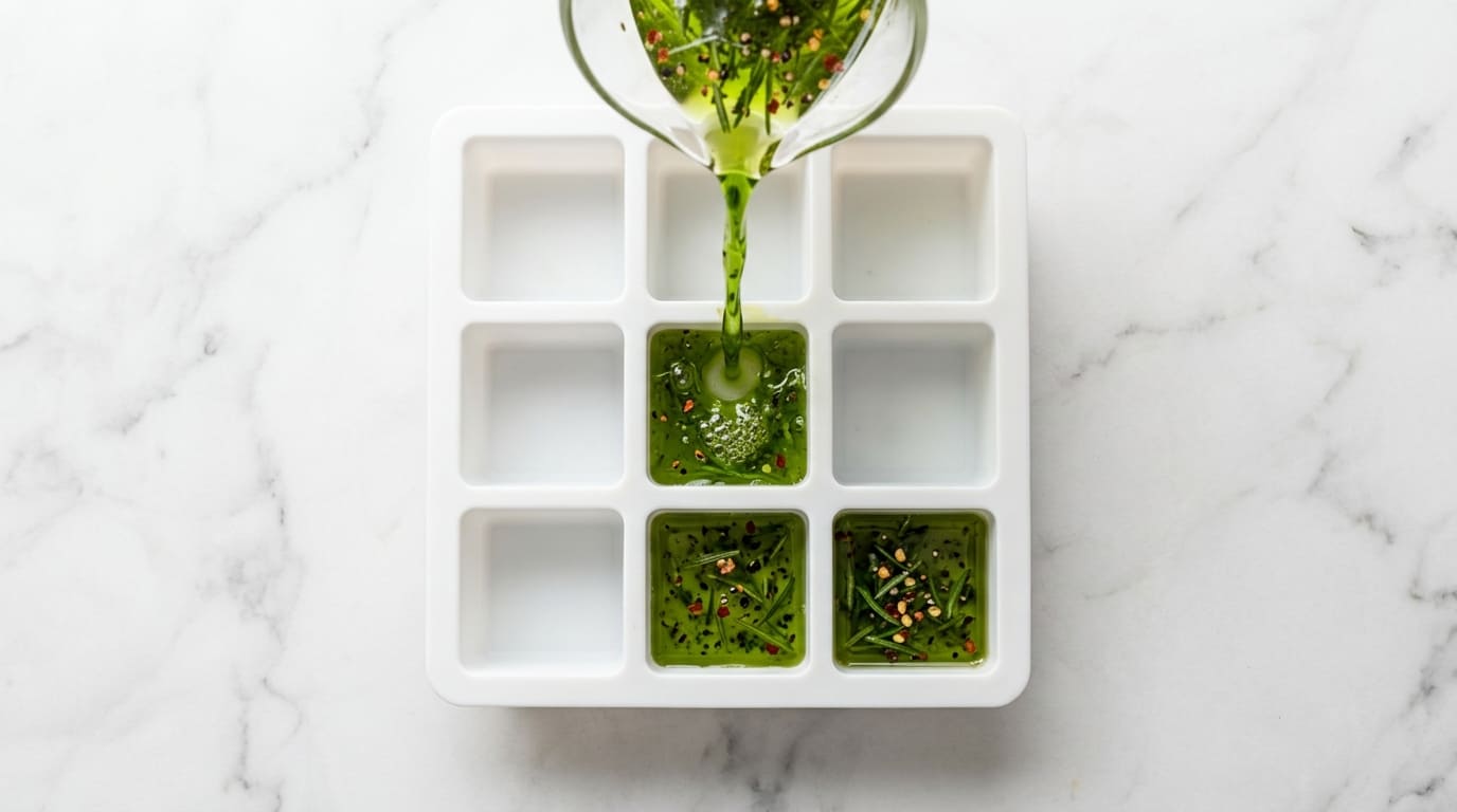 Overhead satisfying shot of herb-oil mixture being poured into ice cube tray — bright, colorful, Pinterest-worthy