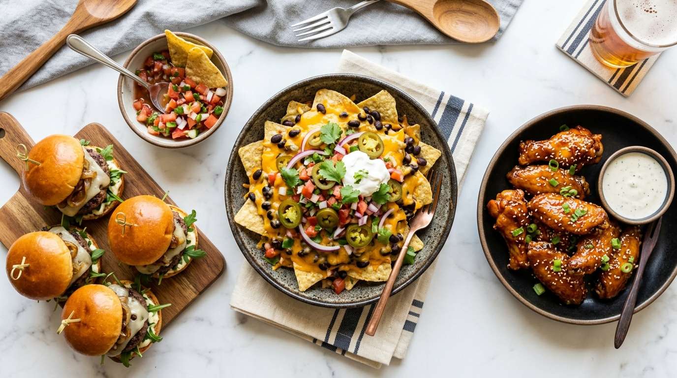 Overhead shot of a packed watch-party snack table: nachos, wings, sliders, dips, lit by warm stadium-style lighting with a blurred football screen in the background