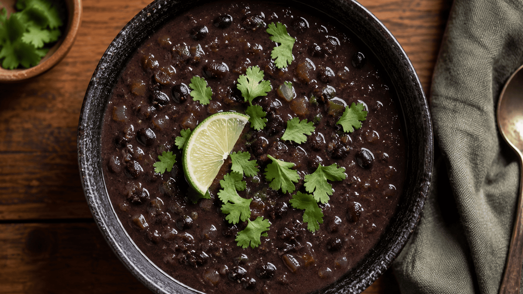 Overhead shot of black bean soup in a dark ceramic bowl