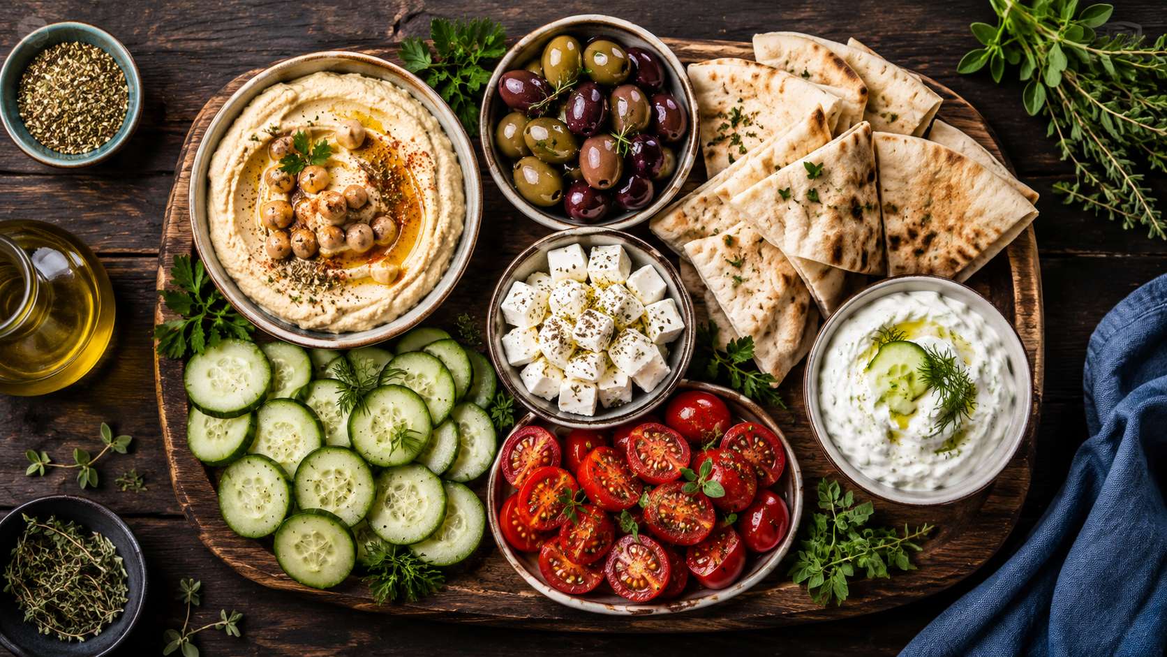 Overhead wide shot of a Mediterranean mezze board: hummus, olives, pita, feta, cucumber, cherry tomatoes, tzatziki arranged beautifully on dark wood