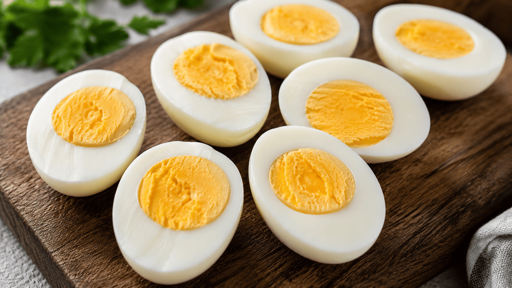 Perfectly peeled hard boiled eggs cut in half