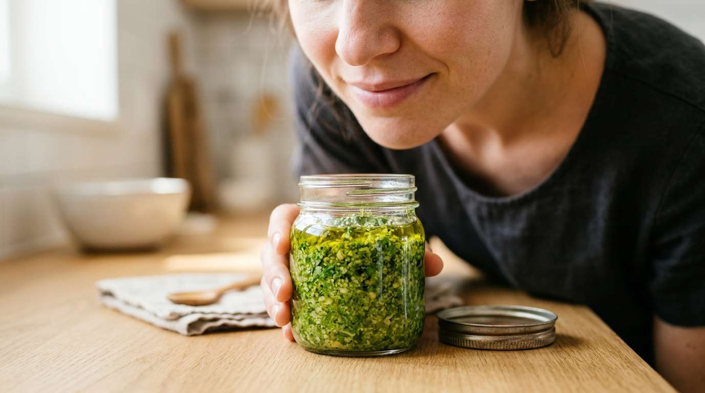 Person smelling a jar of pesto, warm kitchen light, genuine moment — not staged