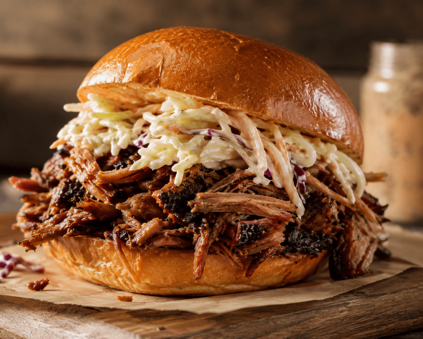 Pulled pork shoulder piled on buns with coleslaw, BBQ glaze