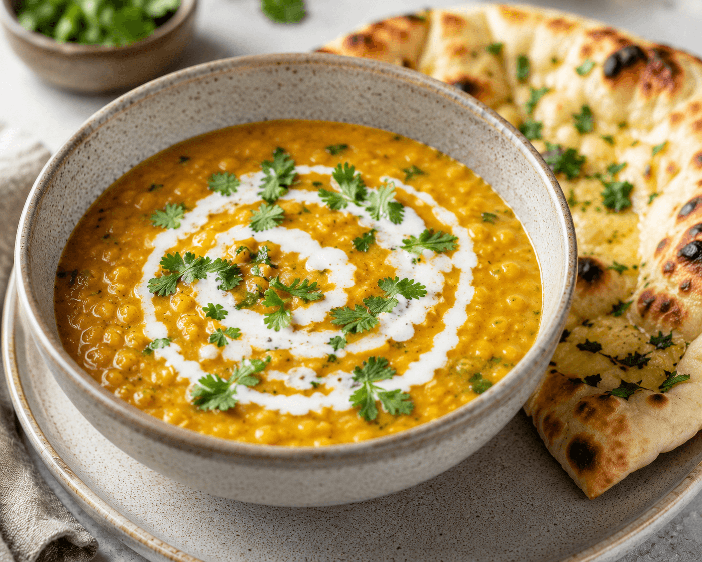 Red lentil dal, creamy coconut milk stew, fresh cilantro and naan