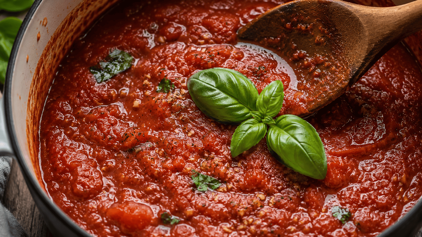 Rich red marinara sauce simmering in a pot, fresh basil leaf on top
