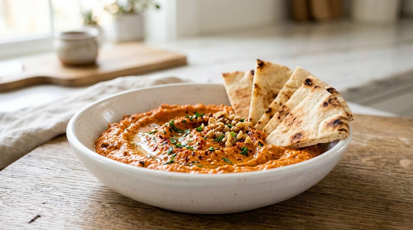 White bowl with orange-red roasted pepper swirled through white yogurt, paprika oil on top, pita triangles alongside