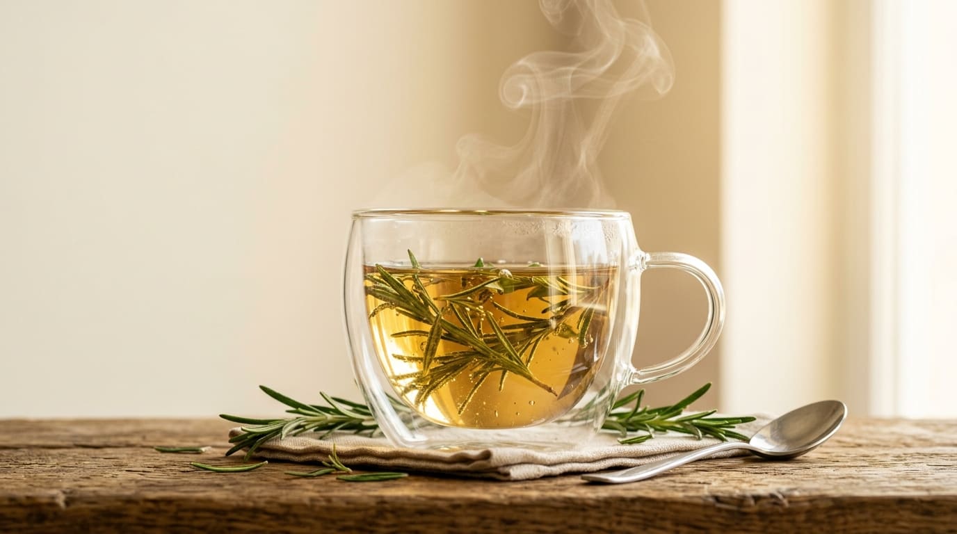 Fresh rosemary sprig tea in a clear cup — piney, herbal, focused