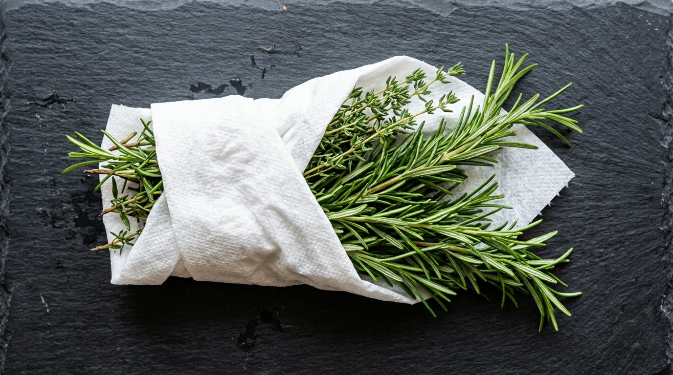 Rosemary and thyme sprigs wrapped in a damp paper towel on a dark slate surface — moody editorial still life with natural props, overhead shot