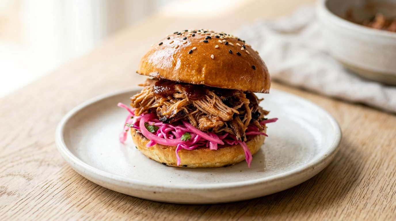 Row of mini sandwiches with smoky pulled chicken, pickled slaw, brioche buns on a wooden platter, small flag picks optional, warm rustic light