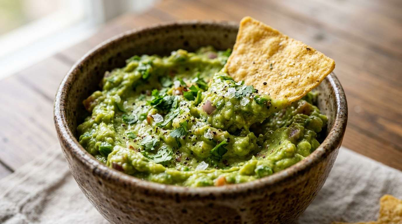 Rustic bowl of vivid green fresh guacamole with tortilla chips arranged around it, lime halves and fresh cilantro visible, overhead shot on terracotta tiles