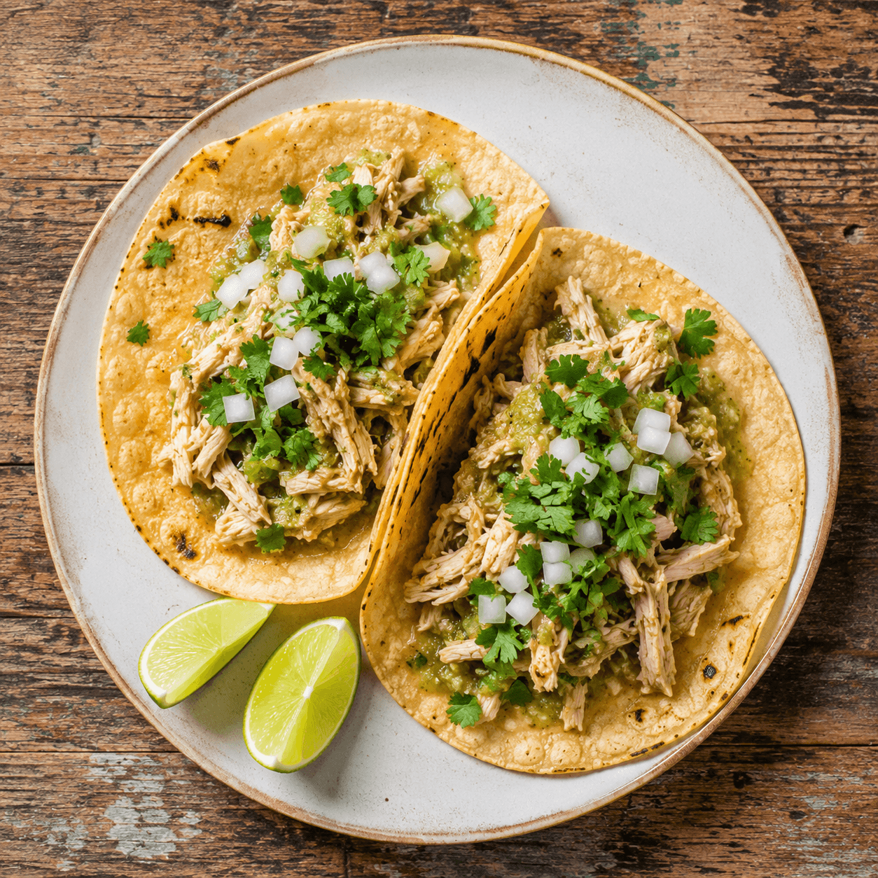 Salsa verde chicken tacos, shredded chicken in tortillas with cilantro, onion, and lime