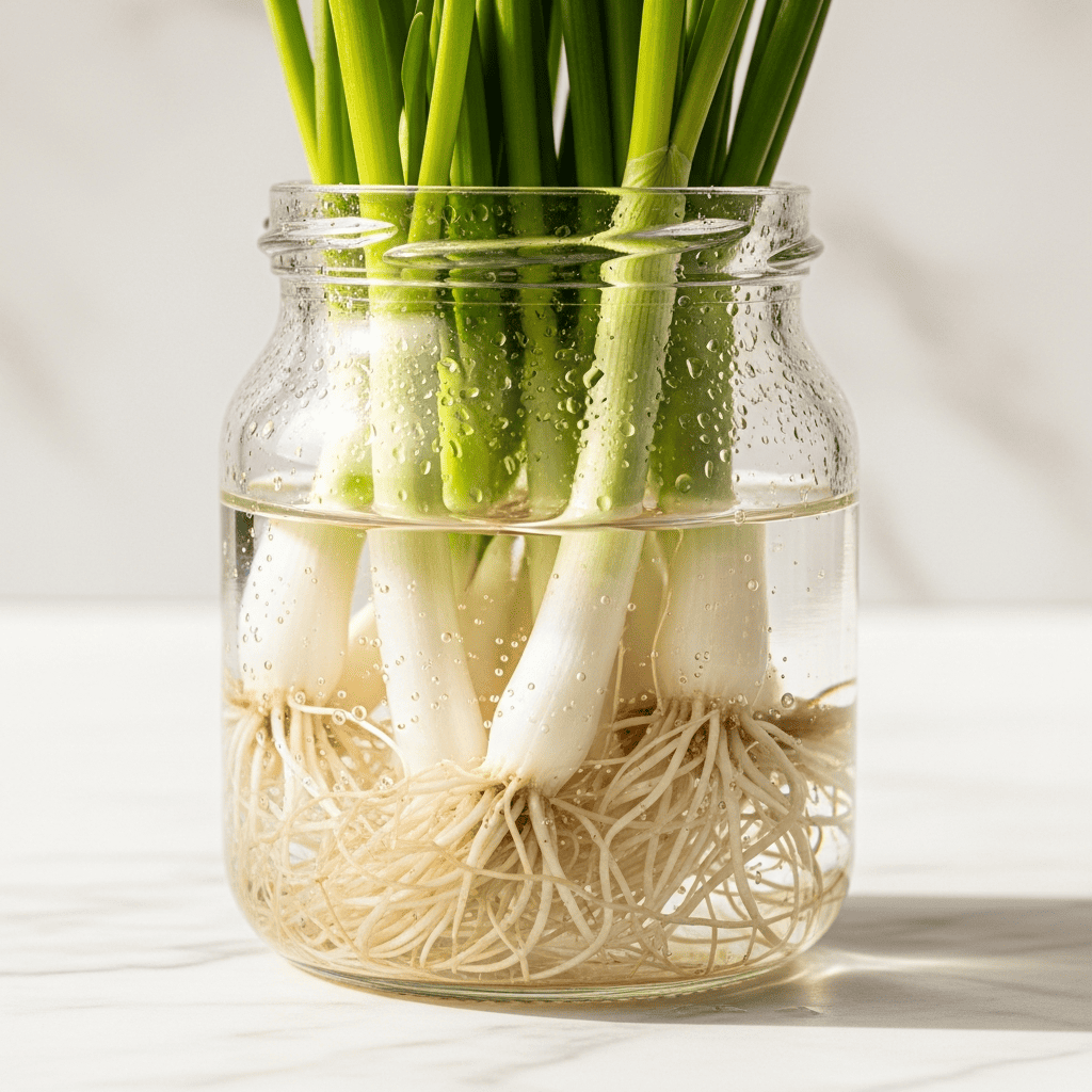 Scallion bases regrowing green shoots in a clear glass