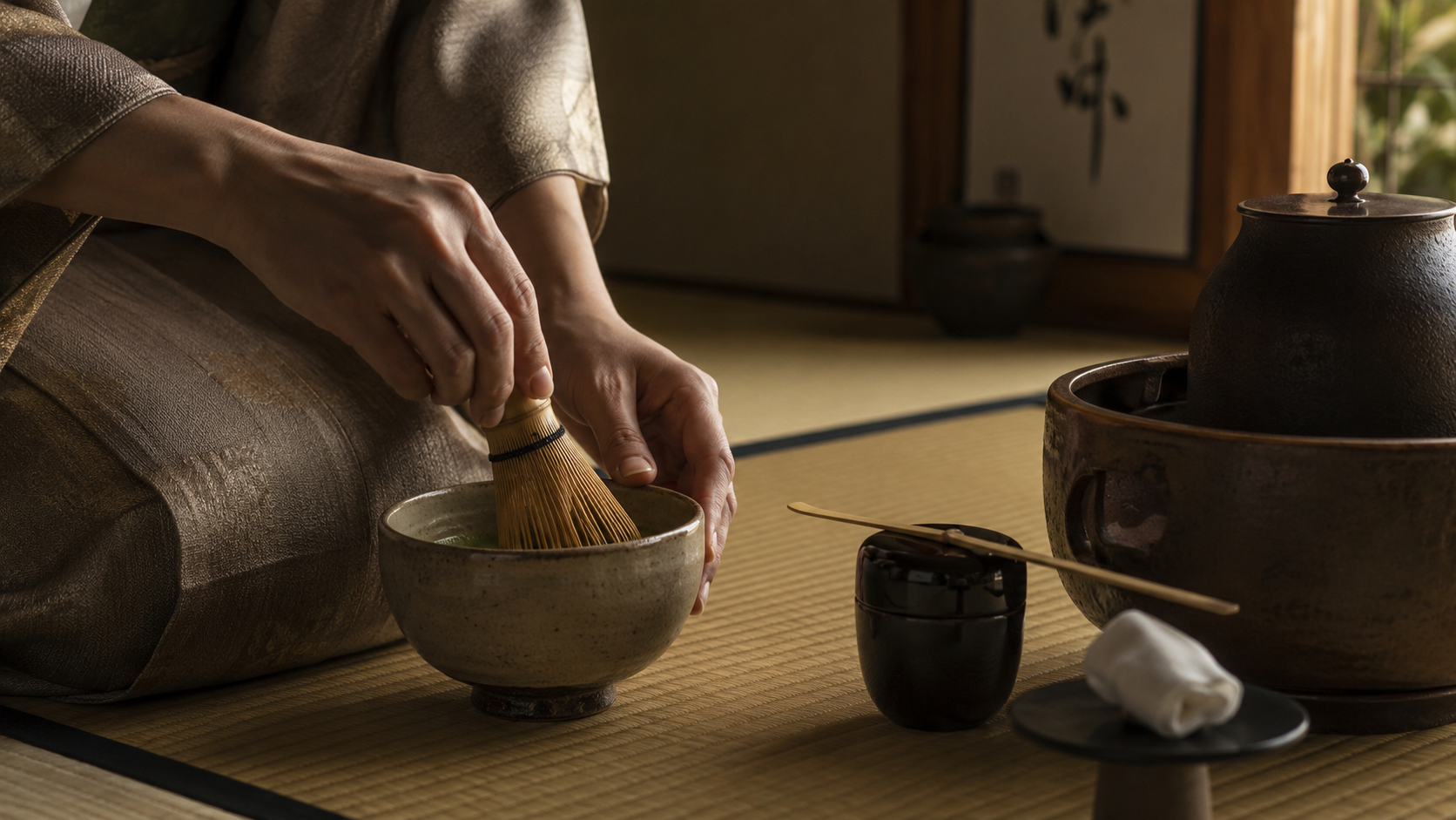 Serene Japanese tea ceremony in a tatami room — hands preparing matcha with soft directional light, cinematic editorial framing