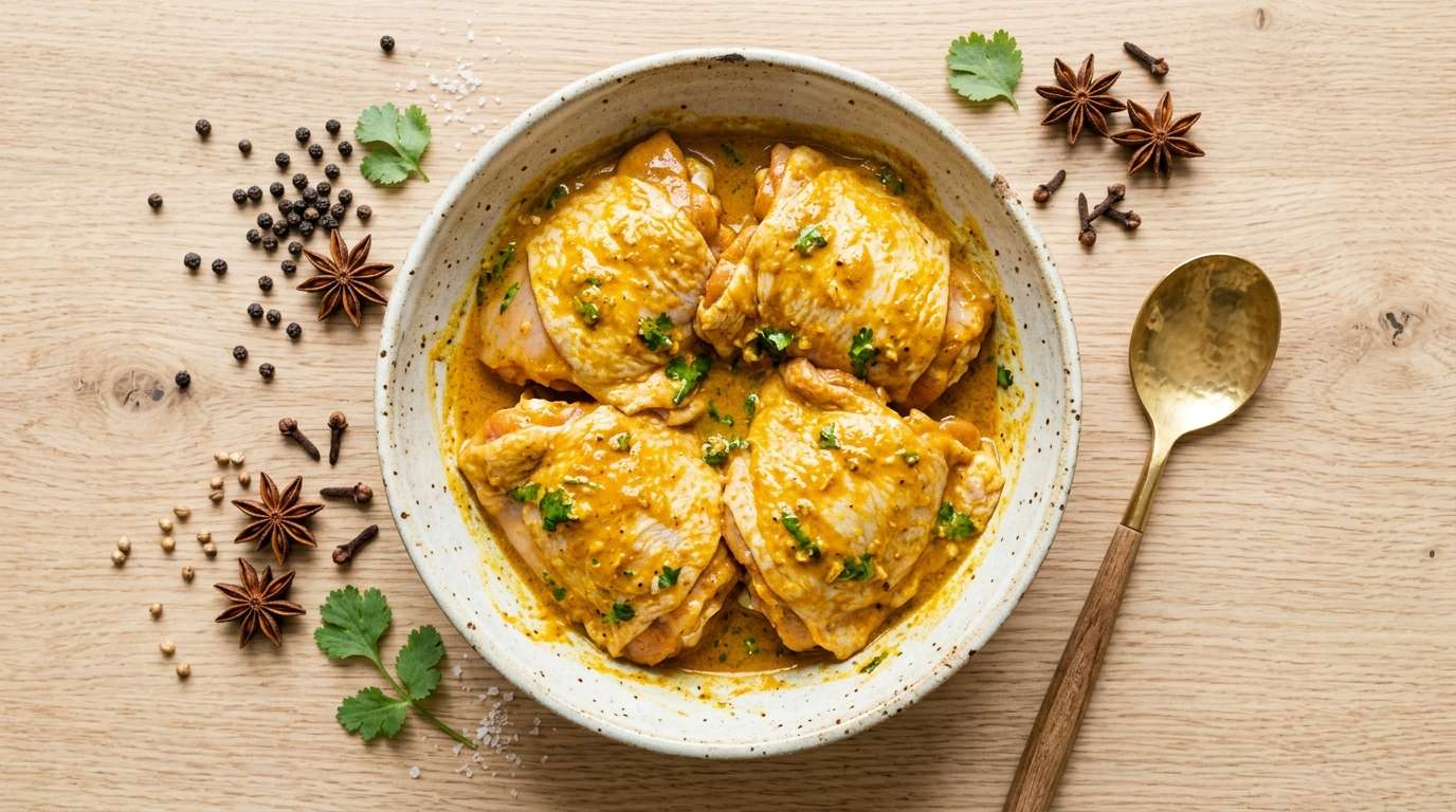 Chicken thighs coated in golden-spiced shawarma yogurt marinade in a bowl, warm spices scattered around on a rustic wooden surface