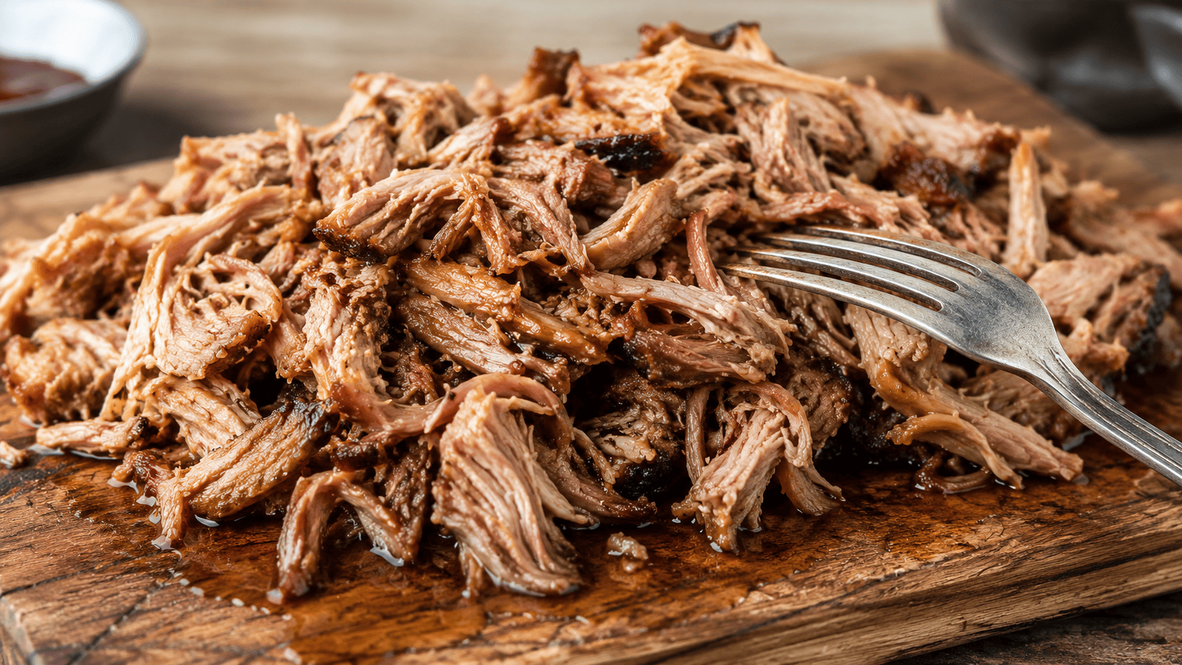 Shredded pulled pork piled on a wooden board