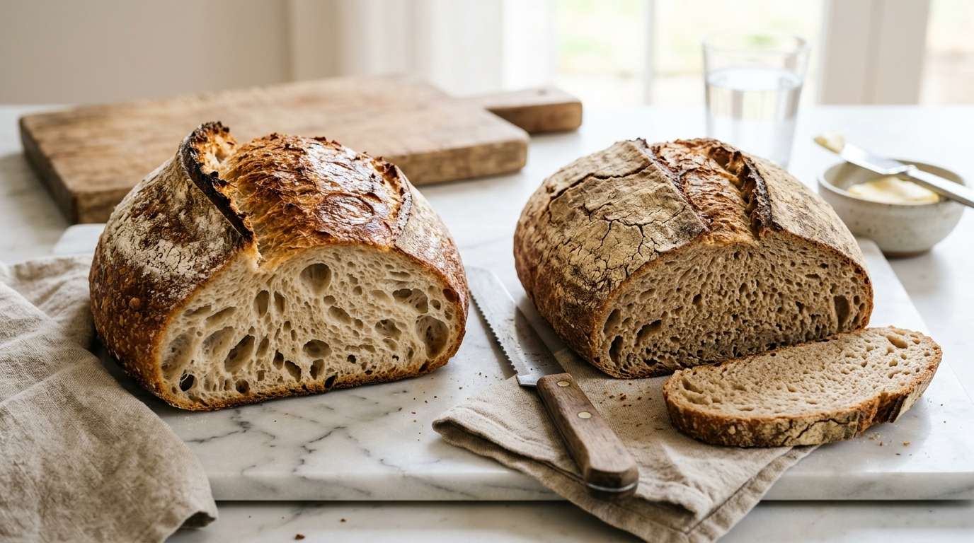 Side-by-side of fresh and slightly aged bread — both edible, different texture. Warm editorial tones.