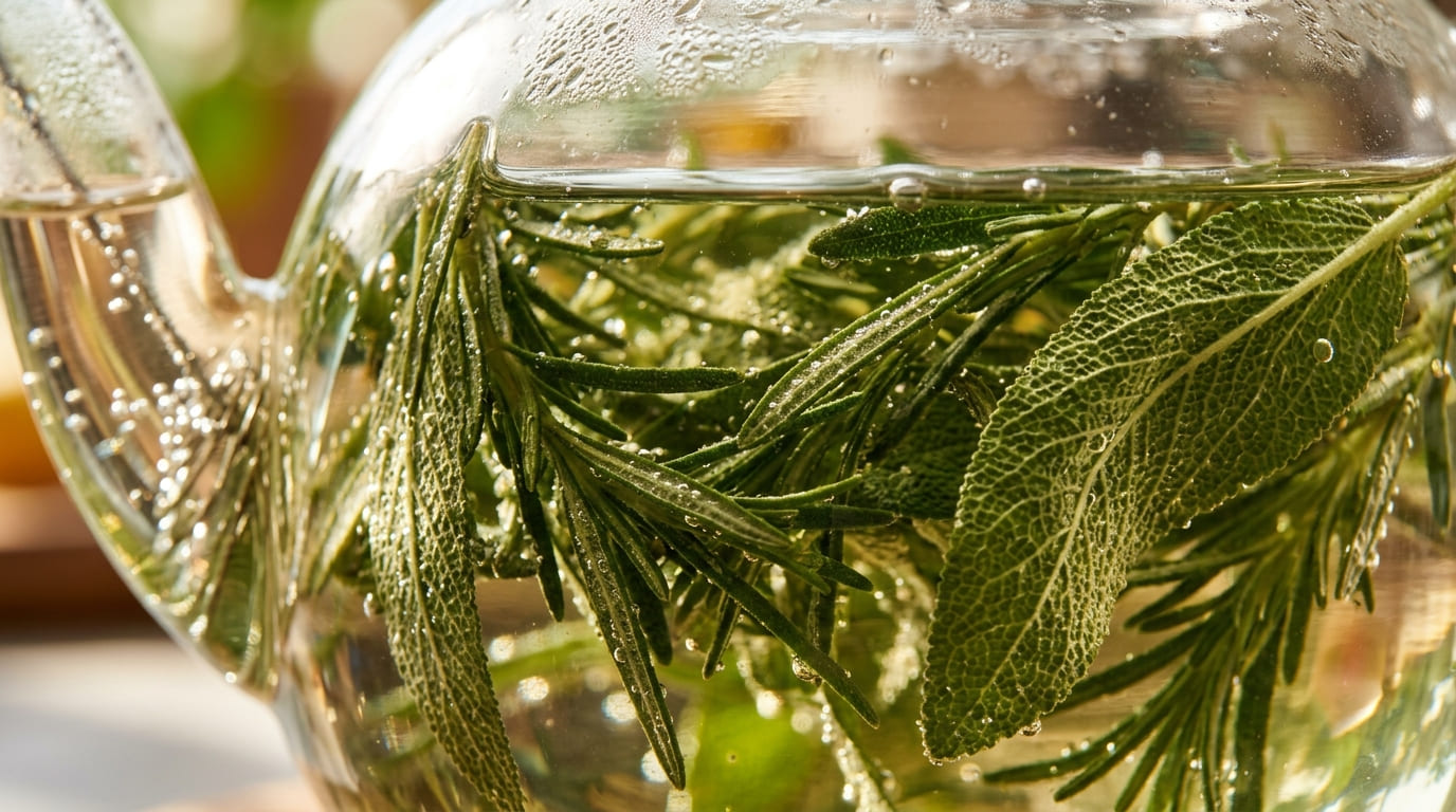 Slow pour of herbal tea from a glass teapot, fresh herbs visible inside — green, atmospheric