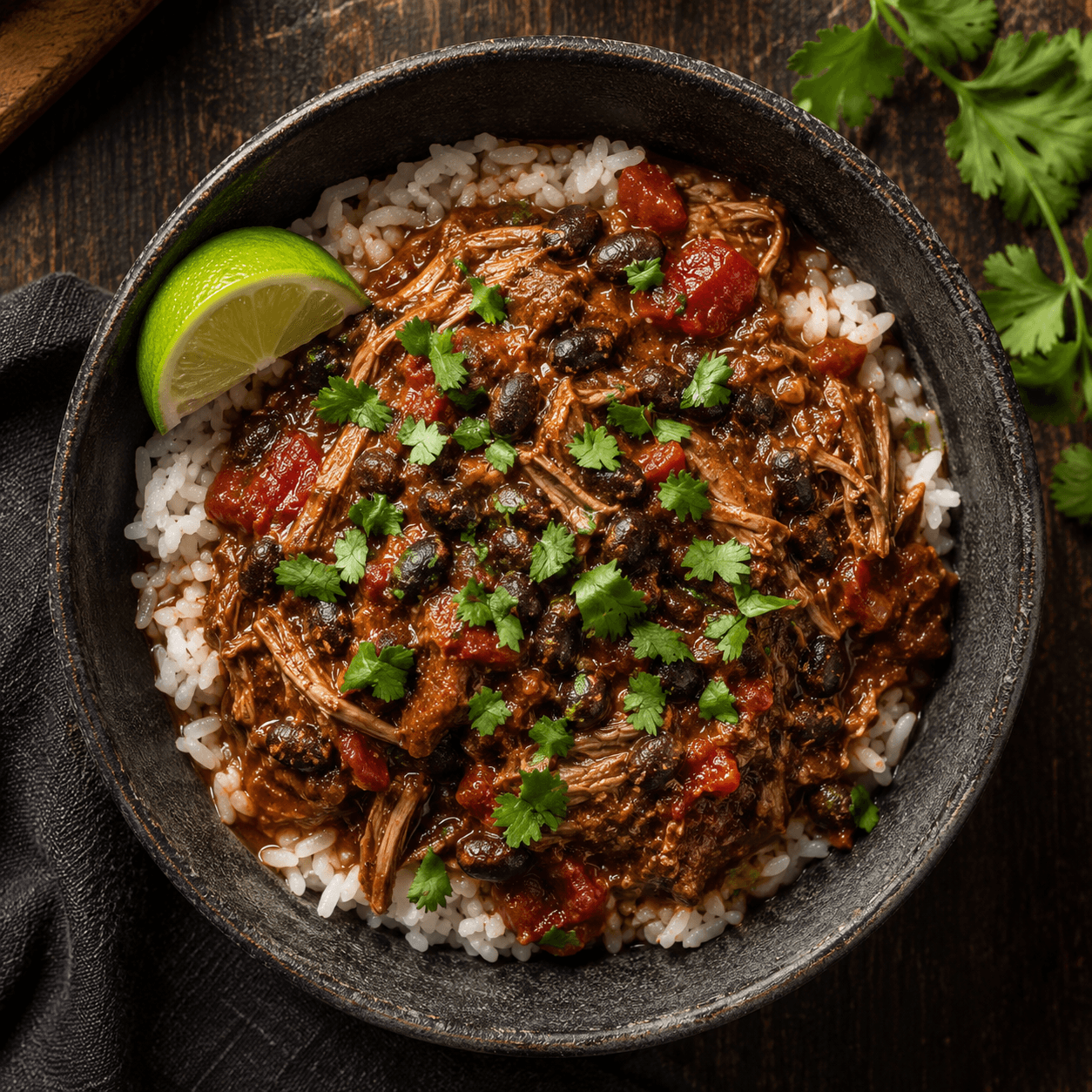 Smoky pork and black bean stew over white rice with lime and fresh cilantro