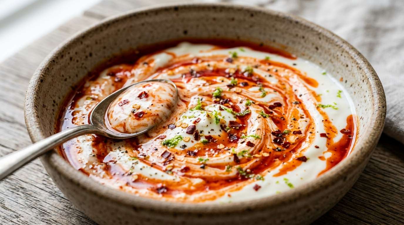 Orange-red swirled sriracha yogurt sauce in a small white bowl with sesame seeds and lime wedge