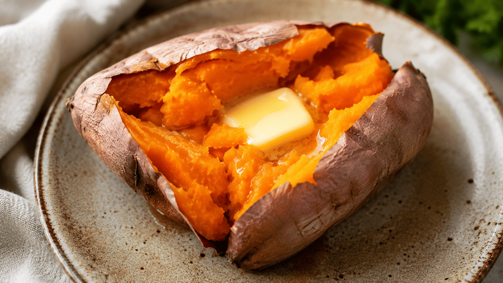 Split open steamed sweet potato with melting butter