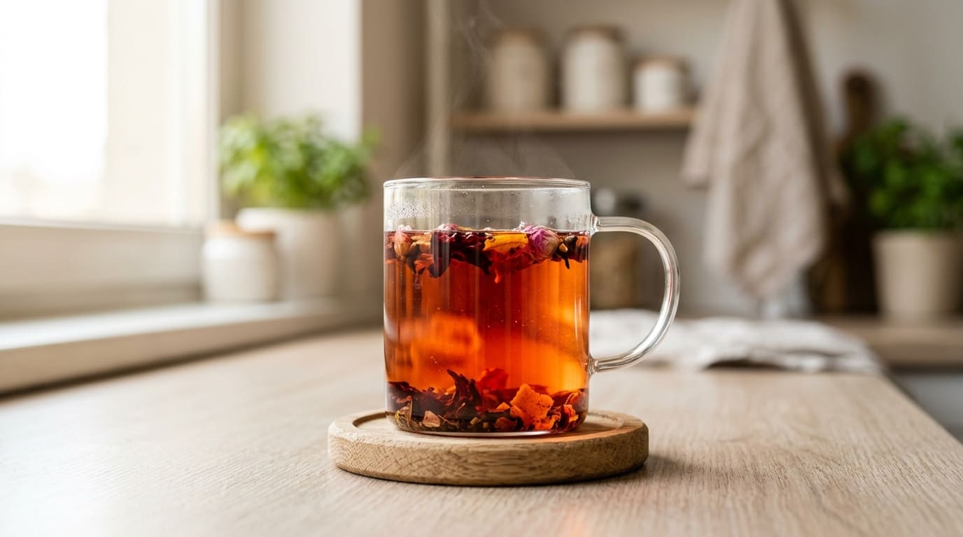 Steam rising from a dark ceramic mug of tea — warm amber tones, atmospheric editorial photography