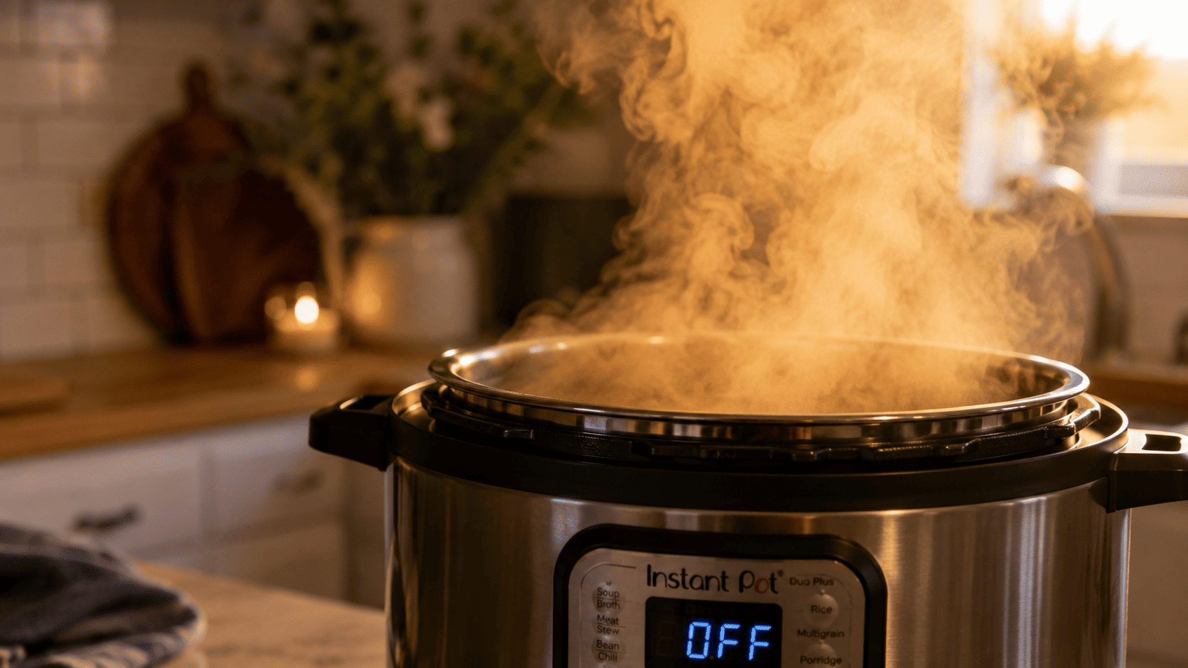 Steam rising from an open Instant Pot pressure cooker