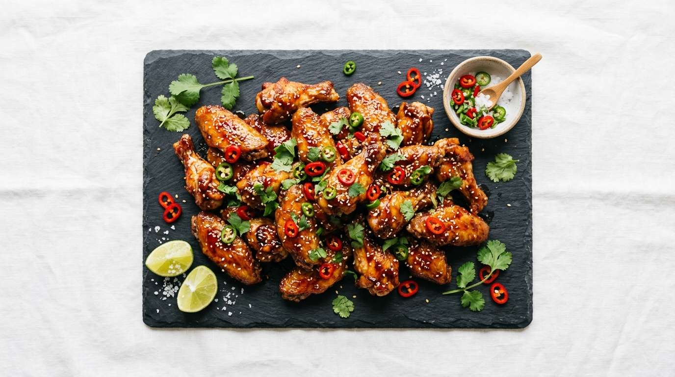 Sticky, glossy chicken wings piled on a slate board, honey drizzle visible, fresh chilli slices and sesame seeds as garnish, steam rising slightly