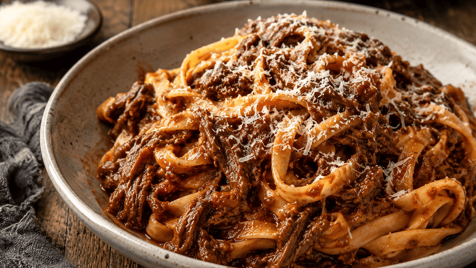 Tangle of pasta with shredded beef ragù