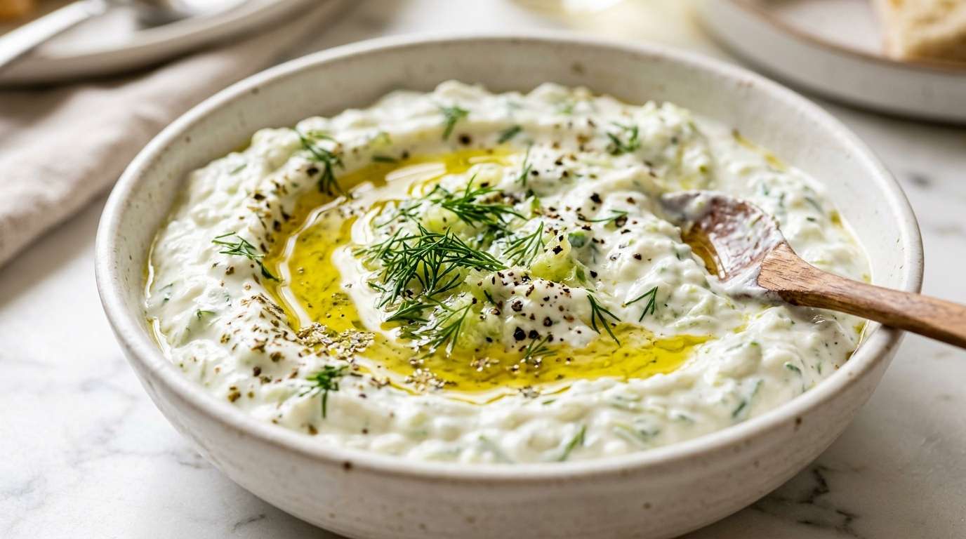 Thick tzatziki in a blue-rimmed Greek bowl with fresh dill garnish, olive oil pool, and sliced cucumber