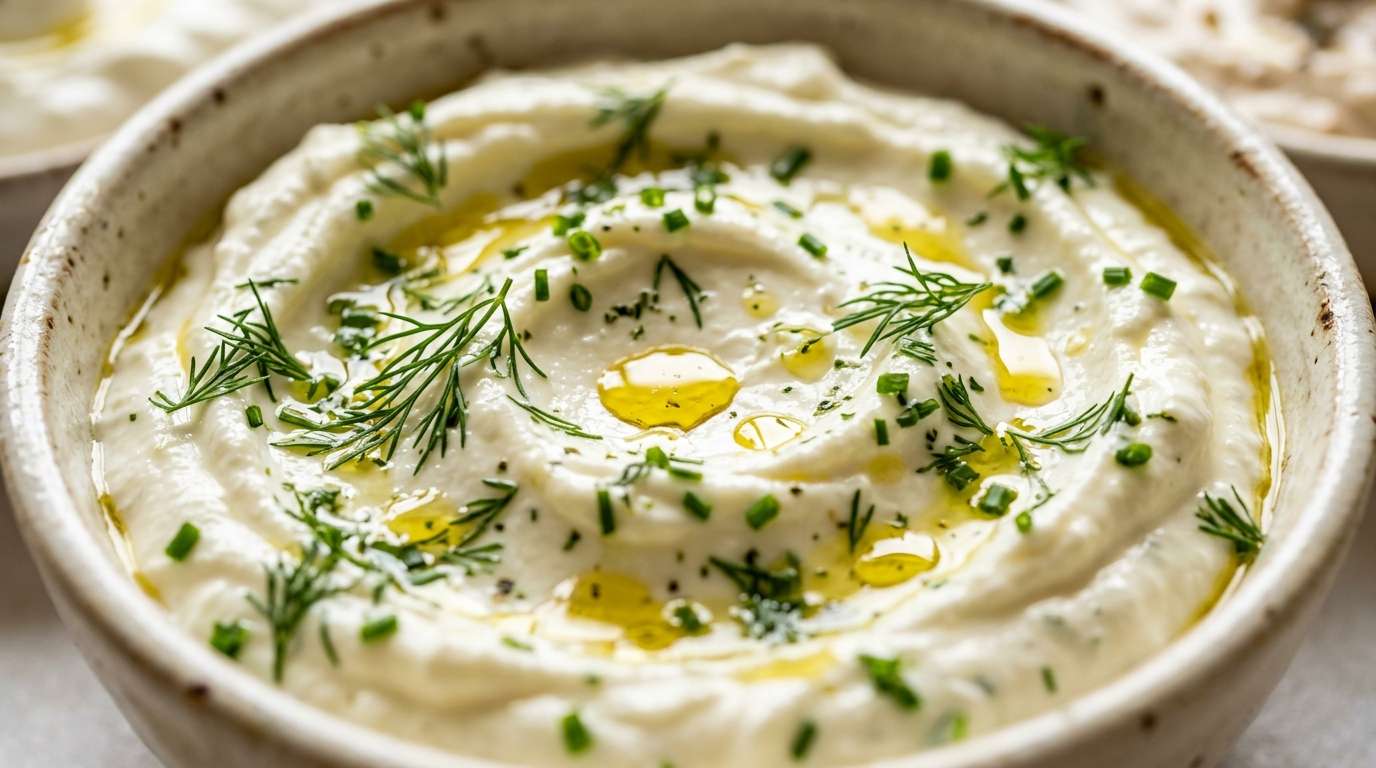 Thick white yogurt dip with fresh dill and chives in a small ceramic bowl, drizzle of olive oil
