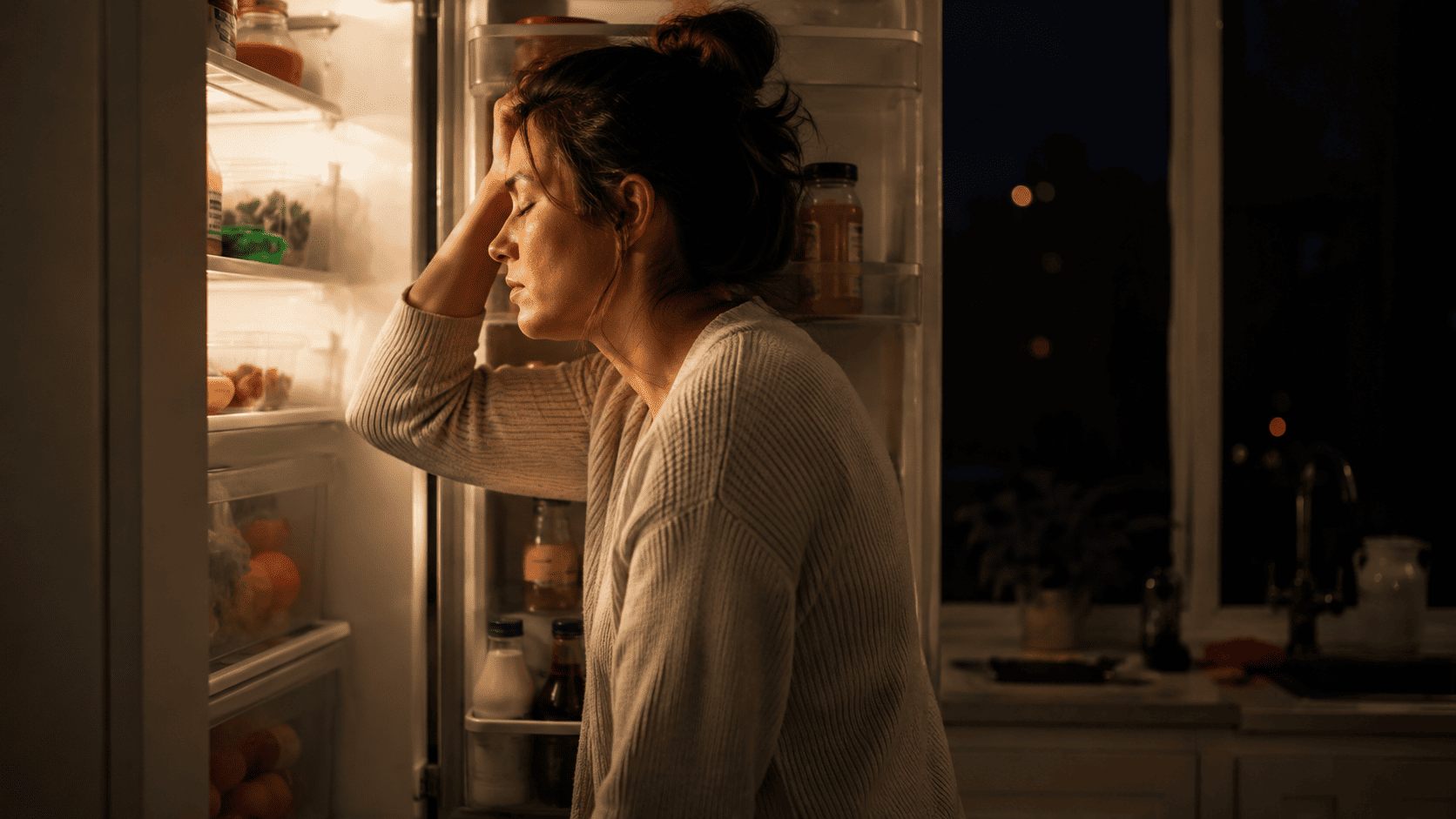 Tired person standing in a kitchen at evening