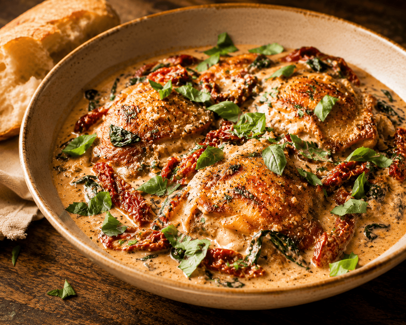 Tuscan chicken with sun-dried tomatoes in a creamy spinach sauce, fresh basil garnish