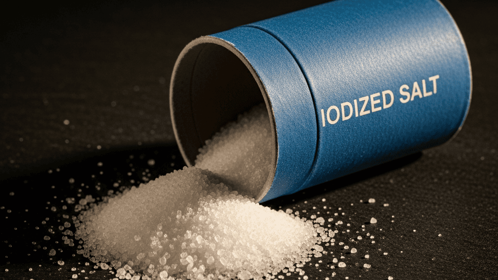 Vintage-style blue cardboard iodized salt canister beside fresh white salt poured onto a dark surface, warm directional light
