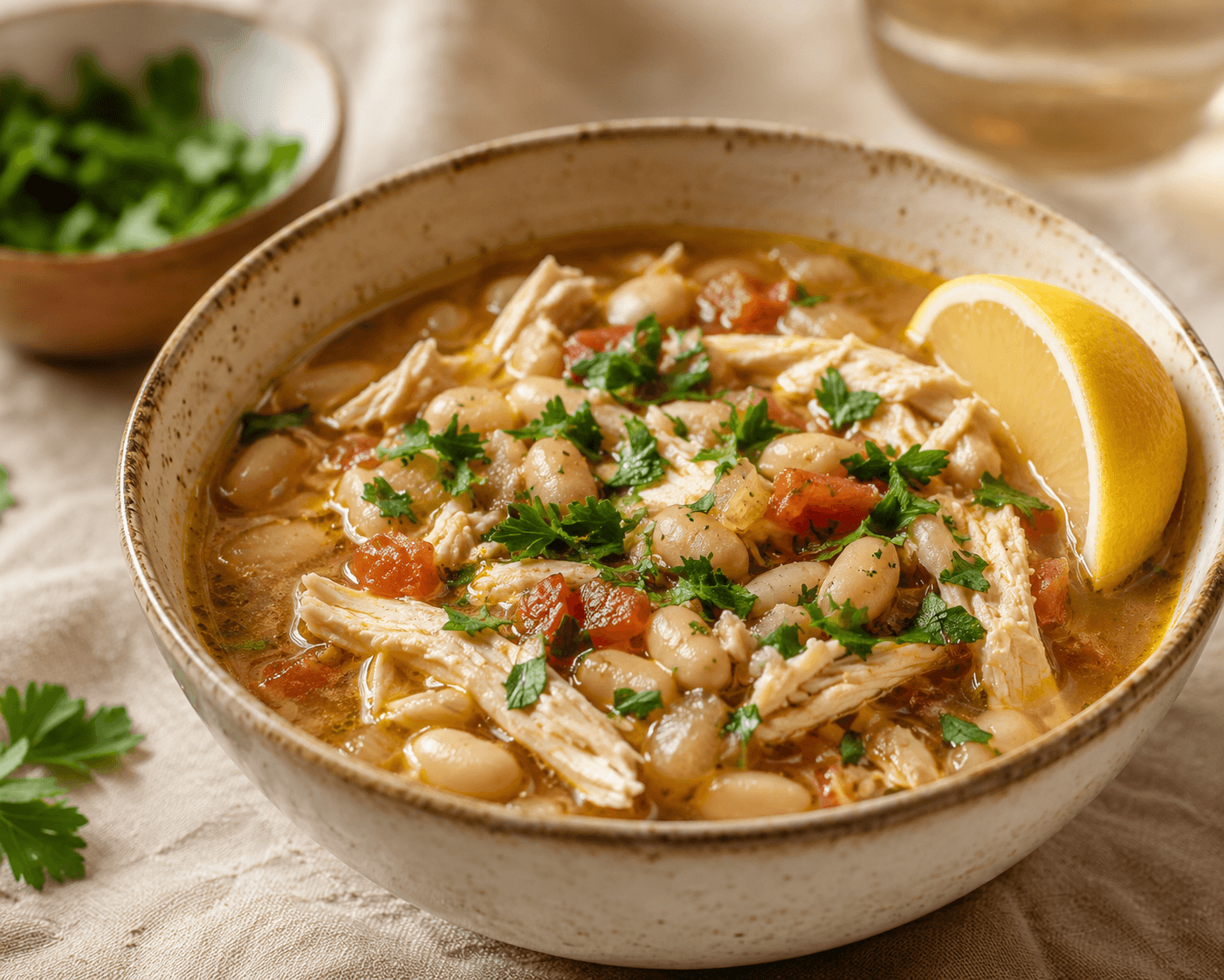 White bean and chicken soup, shredded chicken, fresh parsley and lemon, rustic bowl