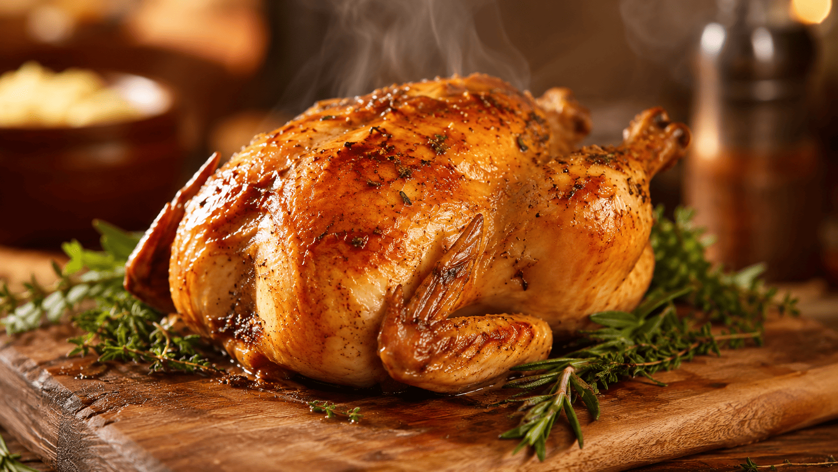 Whole cooked chicken resting on a wooden carving board
