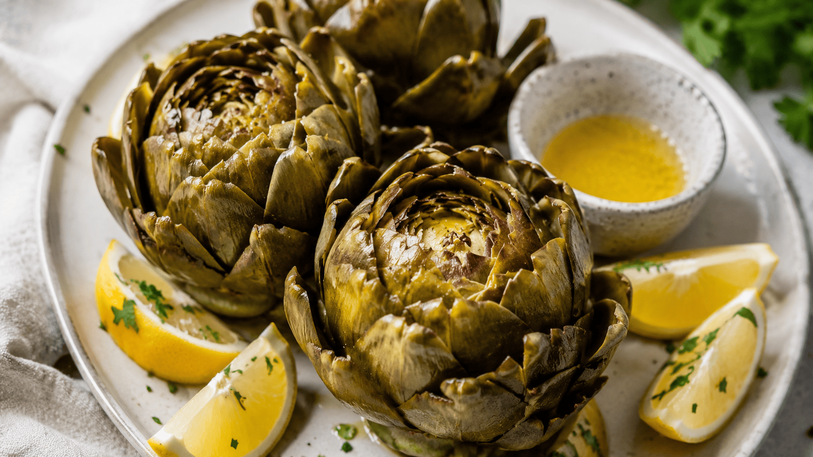 Whole steamed artichokes on a plate with lemon wedges and a small dipping bowl