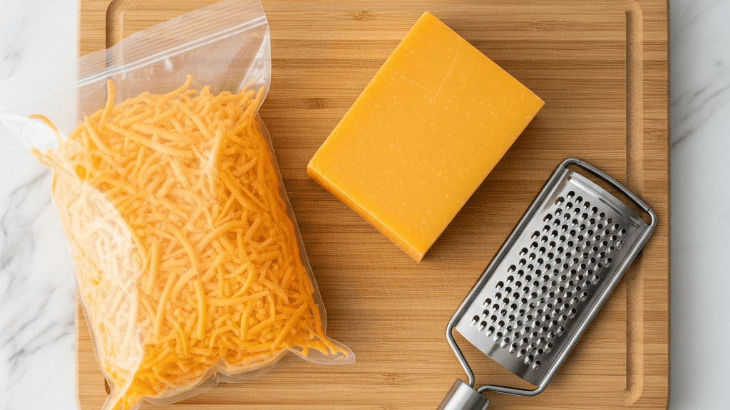 A bag of pre-shredded cheese beside a whole block and a box grater on a cutting board