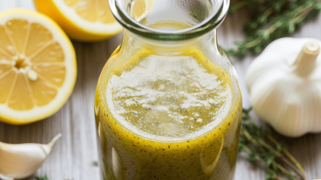 A bottle of vinaigrette beside a small jar of homemade dressing with oil, vinegar and mustard
