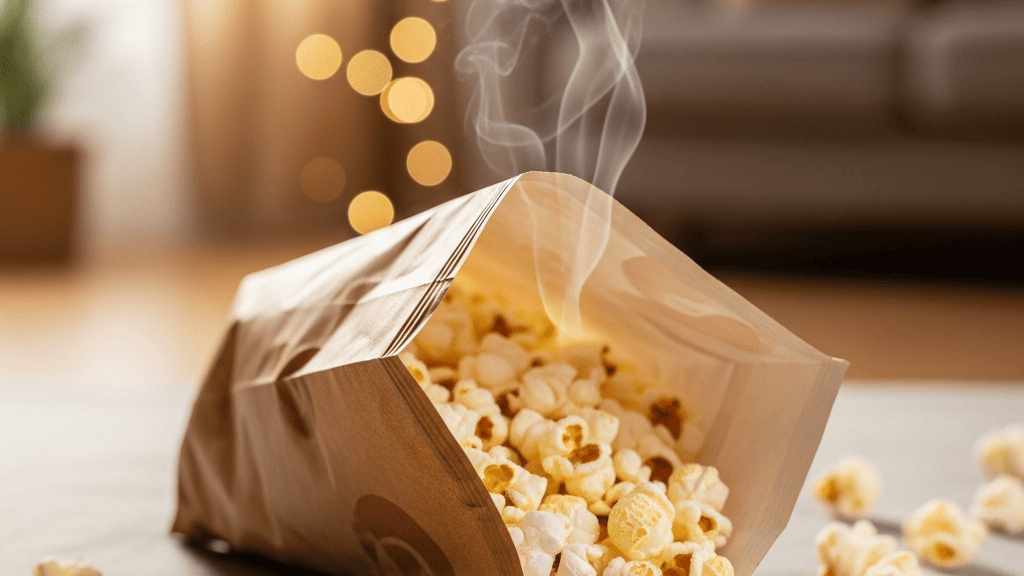 A box of microwave popcorn bags beside a jar of loose kernels and a bowl of freshly popped corn