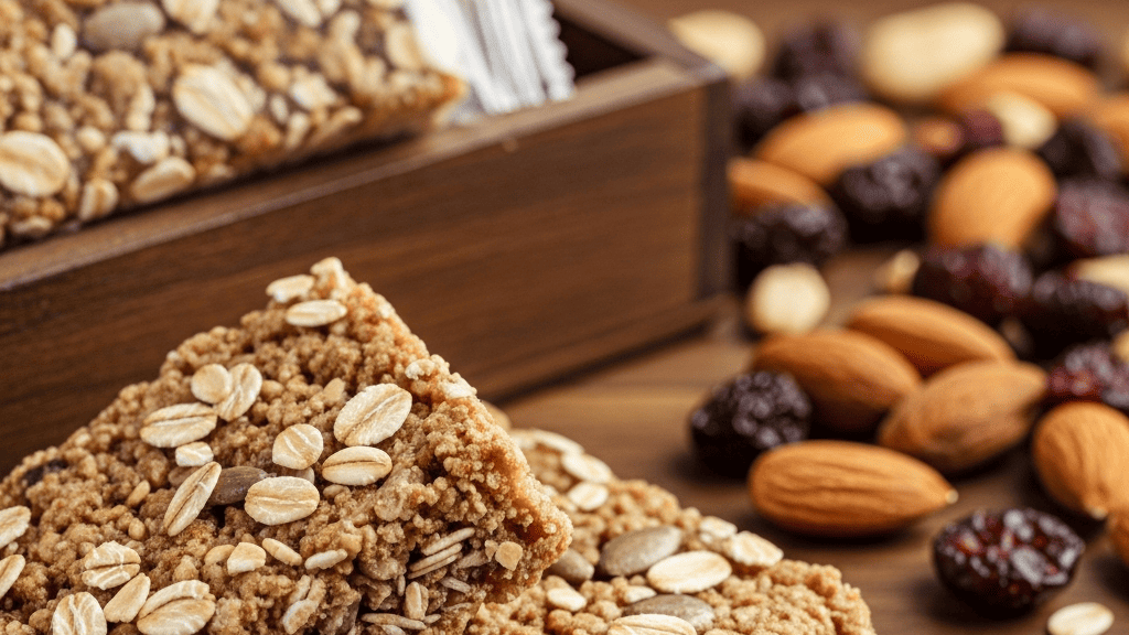 A box of wrapped granola bars beside homemade oat bars and a scoop of trail mix