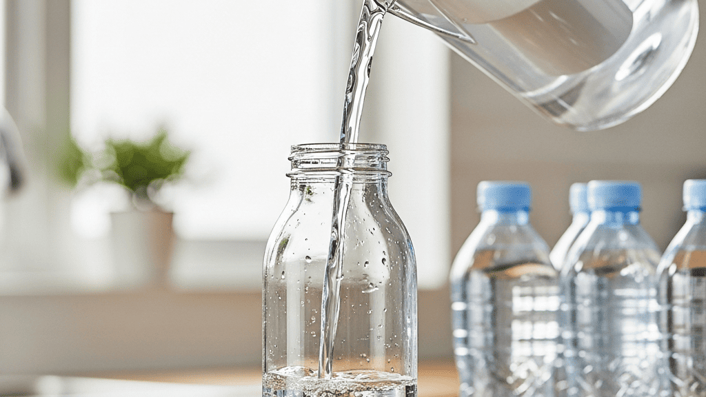 A case of single-use plastic water bottles beside a reusable bottle and a simple filter jug