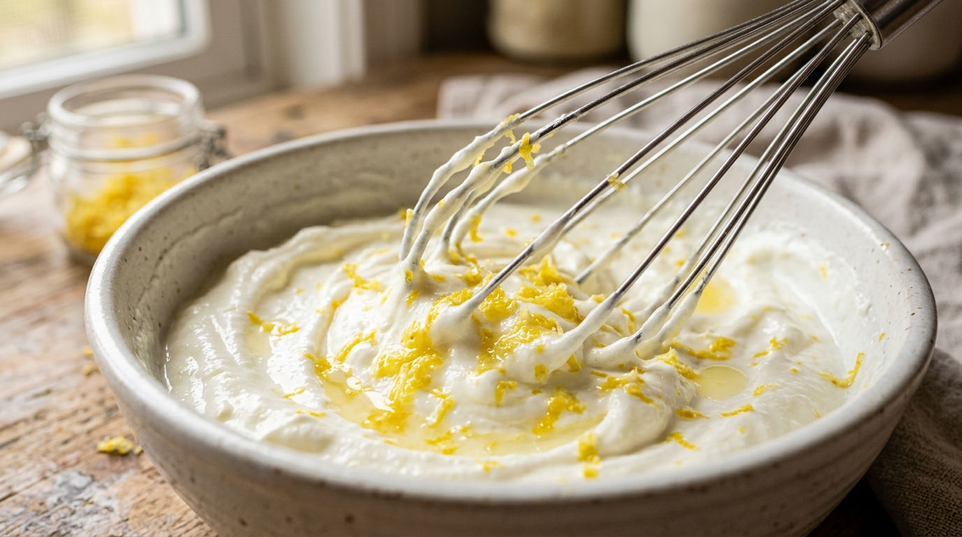 A creator's hand whisking lemon into a glass bowl of Greek yogurt on a sunlit counter
